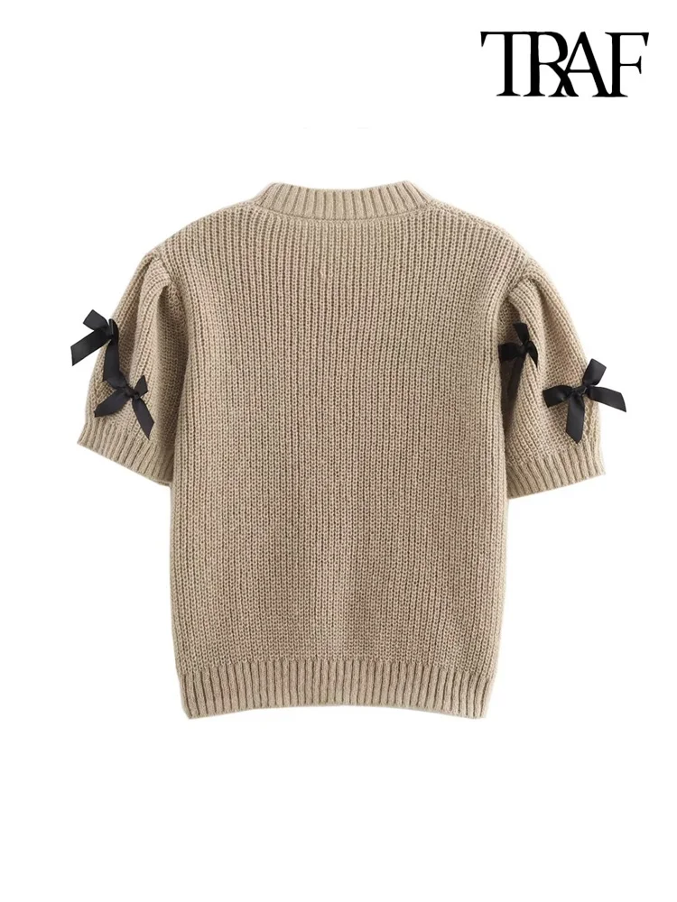 TRAF Women's Fashion Bow Appliques Knit Sweater O-Neck Short Sleeve Pullover Chic Female Tops 3