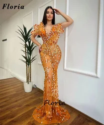 New Elegant 2024 Orange Beaded Evening Dresses Robes De Soiree Crystals Coutures Dubai Mermaid Party Dress Long Engagement Gonws