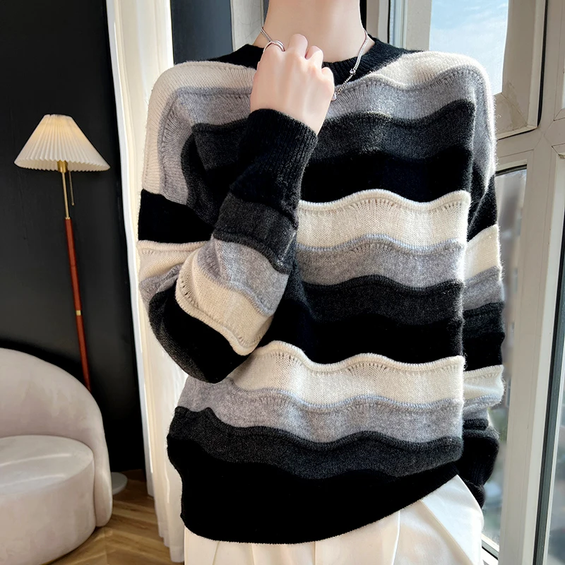 

Striped Color Blocking Sweate Women's Round Neck Pullover Fashionable Knitted Thickened Contrasting Color Bottom Sweater Tops