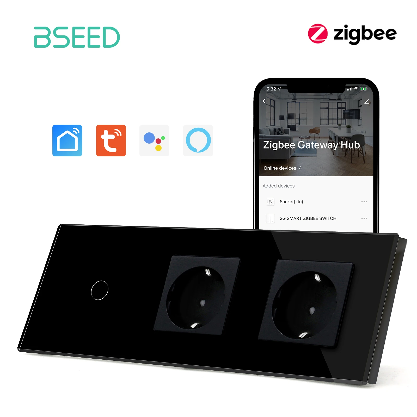 Bseed-eu Padrão Zigbee Wall Touch Switches Gang Light Switch Tomada de Parede Dupla Tuya Smart Life Control sem Neutro