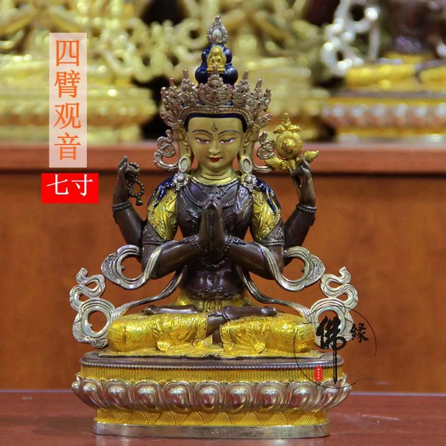 

High grade Tibet temple buddha statue HOME safety healthy efficacious Protection Buddhism gilding Four arm Guanyin Buddha statue