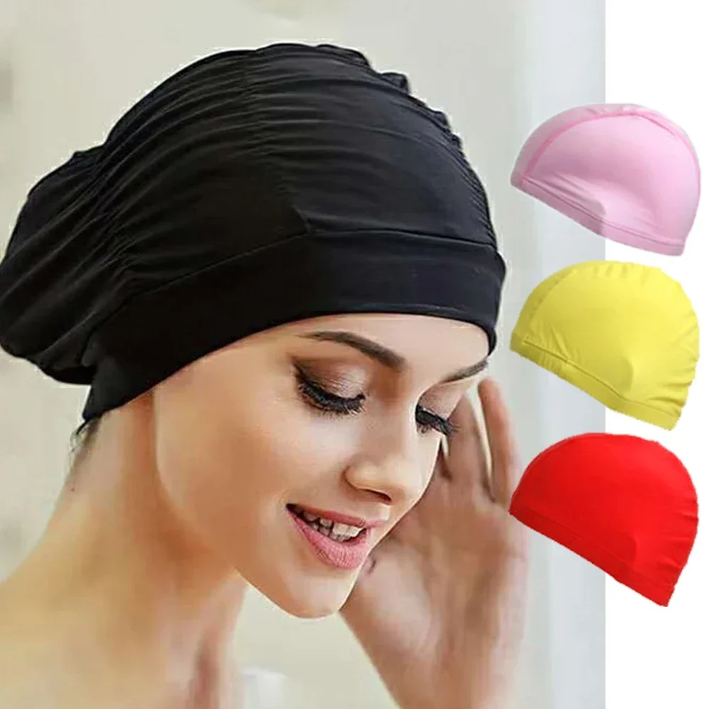 

New Adults Swimming Caps Men Women Long Hair Waterproof Pool Bathing Hats Ear Protect Elastic Nylon Diving Hat Pool Accesories