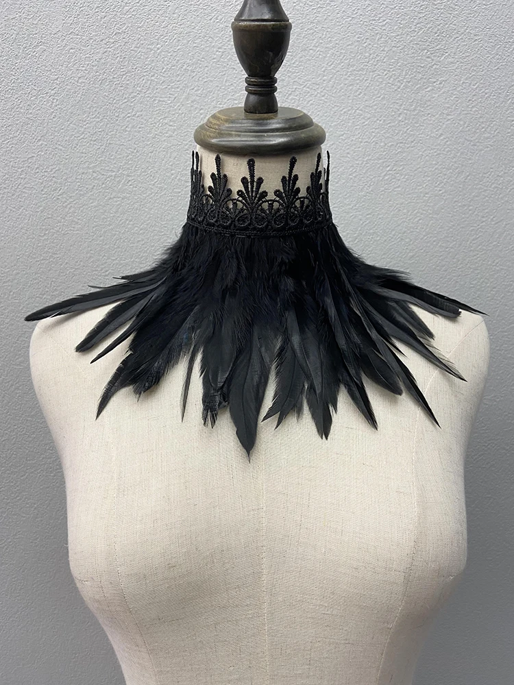 Feather Choker Collar Black Sexy Lace Women Neck Cover Punk Cape Shawl Party Cosplay Natural Feather With Fake Collar