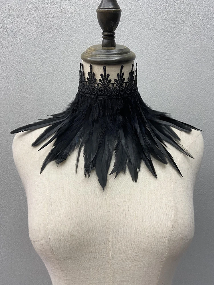Black Feather Choker Collar Sexy Lace Women Neck Cover Punk Cape Shawl Party Cosplay Natural Feather With Lace Fake Collar