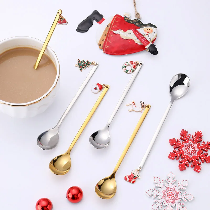 Lot De 5 Cuillères De Noël Originales – Cuillères Dorées Et Cuillère Chapeau – Acier Inoxydable – Vaisselle Festive Pour Dessert, Café