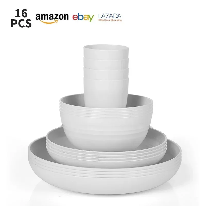 16-Piece Tableware Set Ceramic Vintage Stoneware Set Dinner&Dessert With Plate Bowl