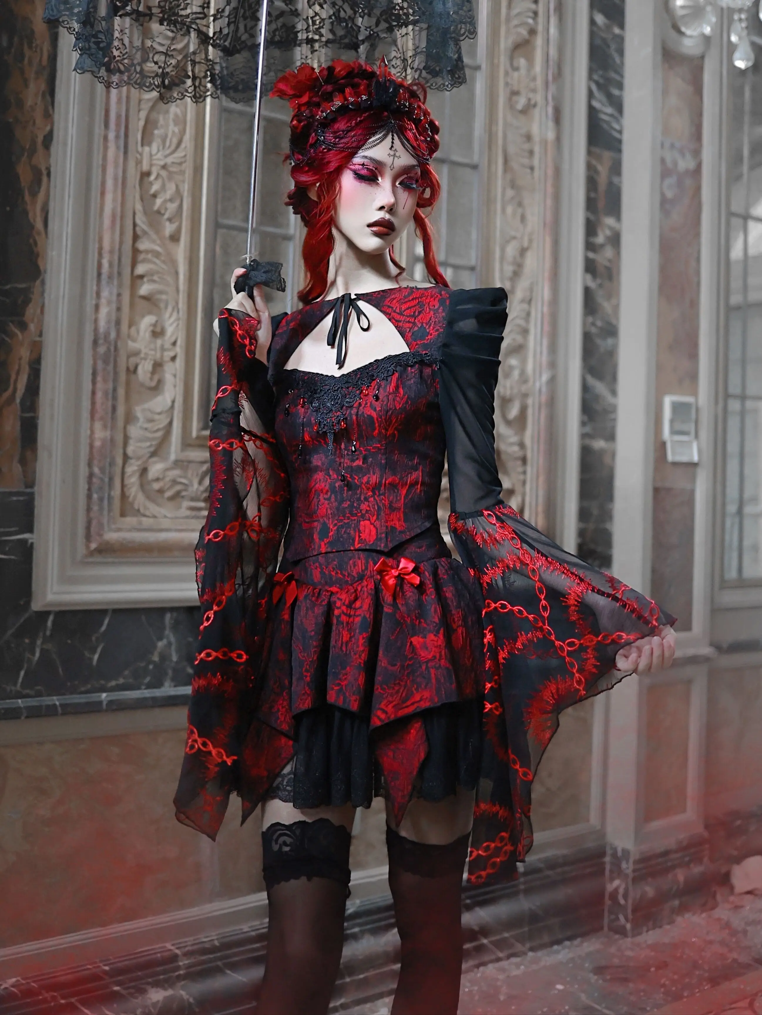 Blood Supply Original Gothic Red Black Rose Embroid Lace Long Flying Sleeve Blouse Hollow Out Halloween Mesh Punk Blusa Summer