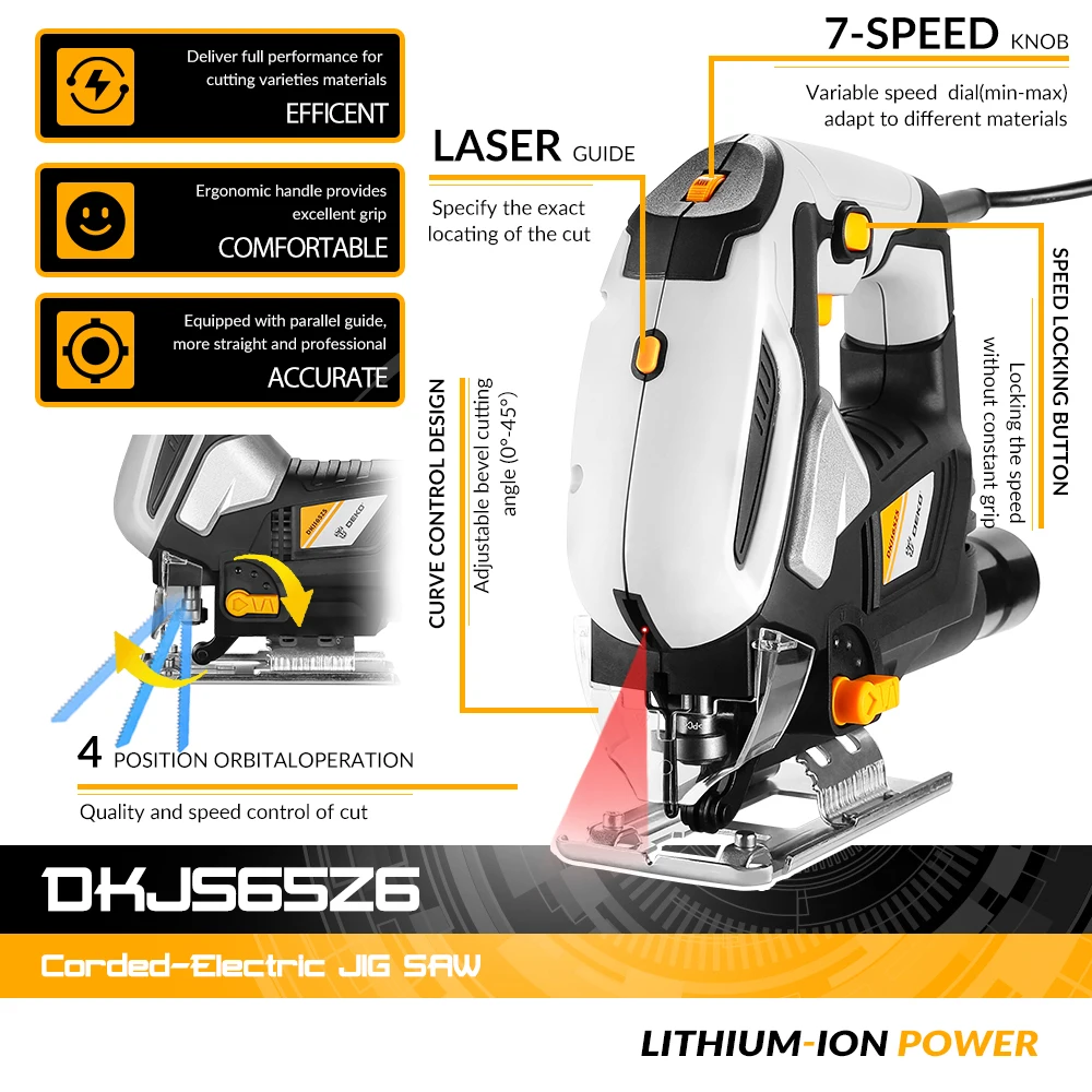 DEKO 600-1000W Jigsaw Variable Speed​ Electric Saw 220V for Woodworking Power Tools with Metal Ruler Carbon Brushes Allen Wrench 3