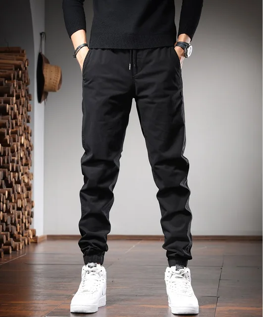 Black Casual Pants Men Cotton Joggers Fashion Korean Style Slim Fit Elastic Waist Drawstring Pencil Pants AliExpress
