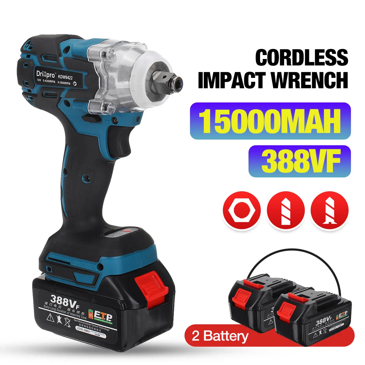 18V Cordless Electric Impact Wrench Motor 1/2