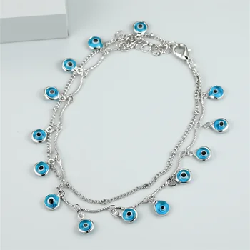 Double Layers Blue Evil Eye Tassel Anklets For Women Vintage Boho Silver Color Chains Anklet Summer Beach Jewelry Accessory Gift