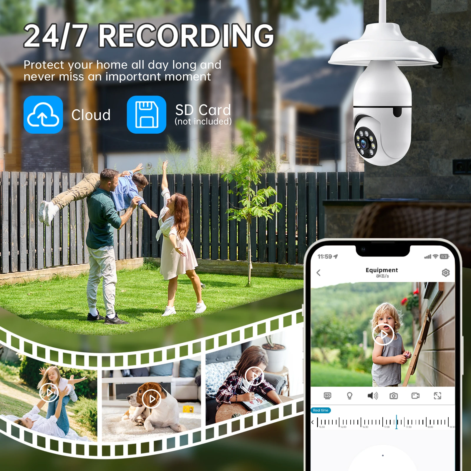 Bulb Security Cameras3 MP Outdoor Wireless WiFi Camera Color Night Vision 5GHz, 360 Degree, E27 Light Socket Screw In Security 2