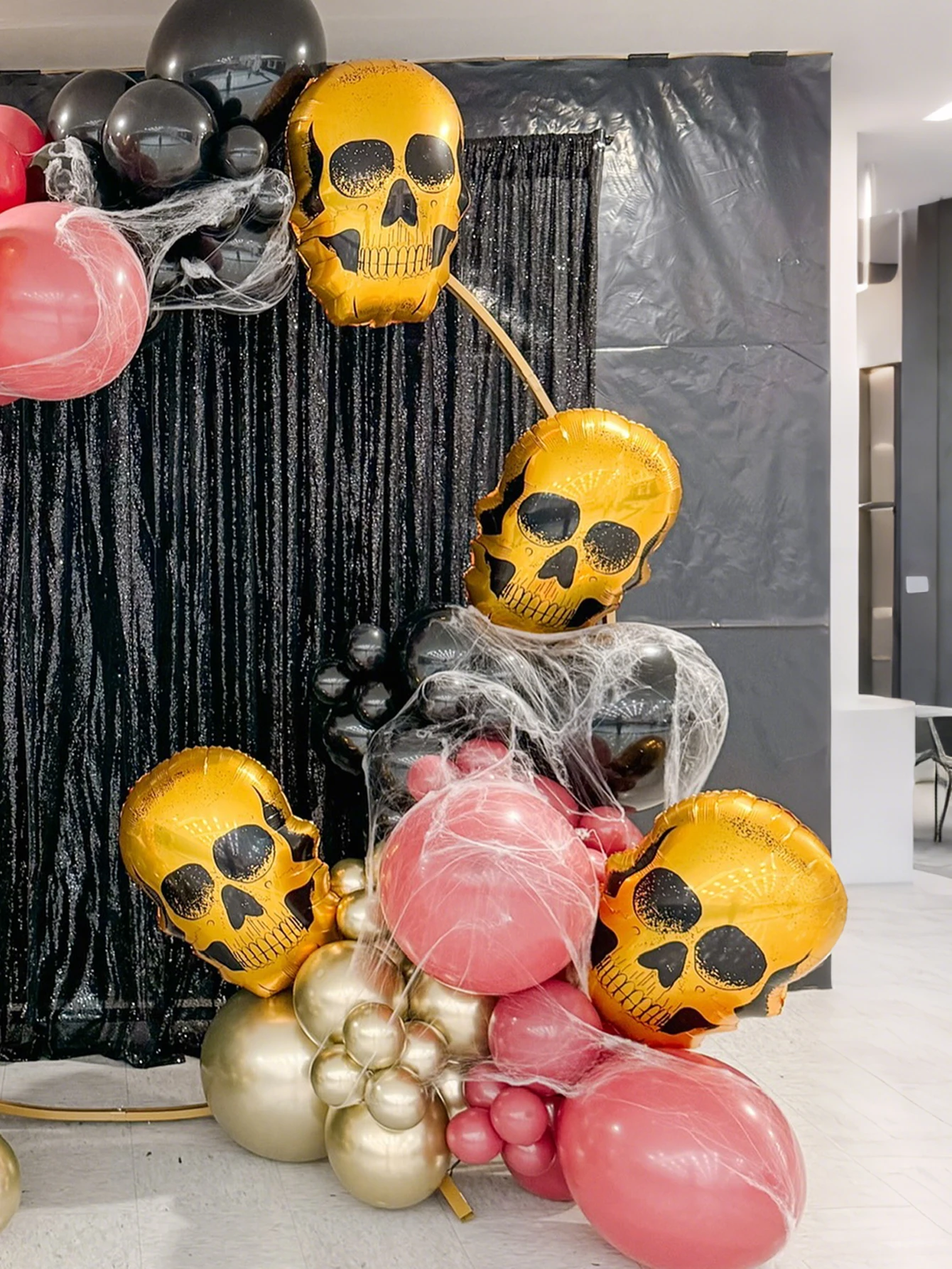 4 Stück goldener Totenkopf-Ballon, Halloween-Dekoration, Geisterparty, Tag der Toten, Horror-Partyzubehör, Spukhaus-Party-Dekoration – Detail 2