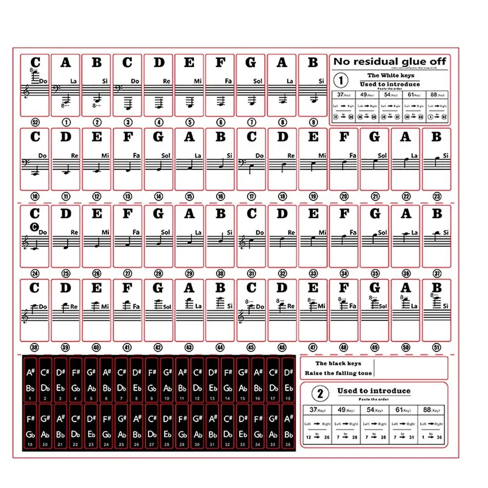 Replacement Removable Piano Training Stickers Transparent Reusable Keyboard Note Sticker Musical Supplies Piano Key Decal