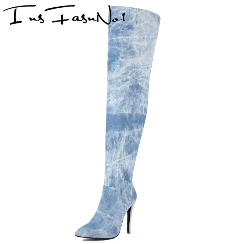 

Stretch Denim Pointed Toe Side Zipper Over The Knee Women Long Boots Thin High Heels Spring New Fashion Sexy Party Ladies Shoes