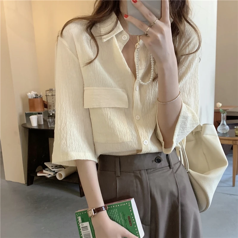 

2Colors Korean style Pocket Vintage blouses 2022 Summer womens Turn Down Collar tops and blouse Outwear Shirts(CX1547)