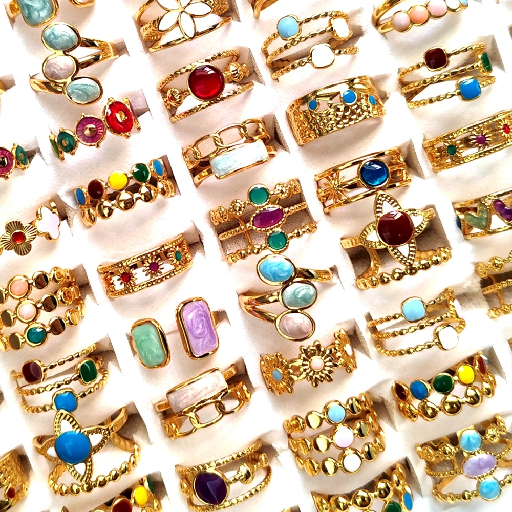 10Pcs 20Pcs Wholesale Women's Fashion Skeleton Rings Colorful Beads Charm Female Ring Stainless Steel Jewelry 1