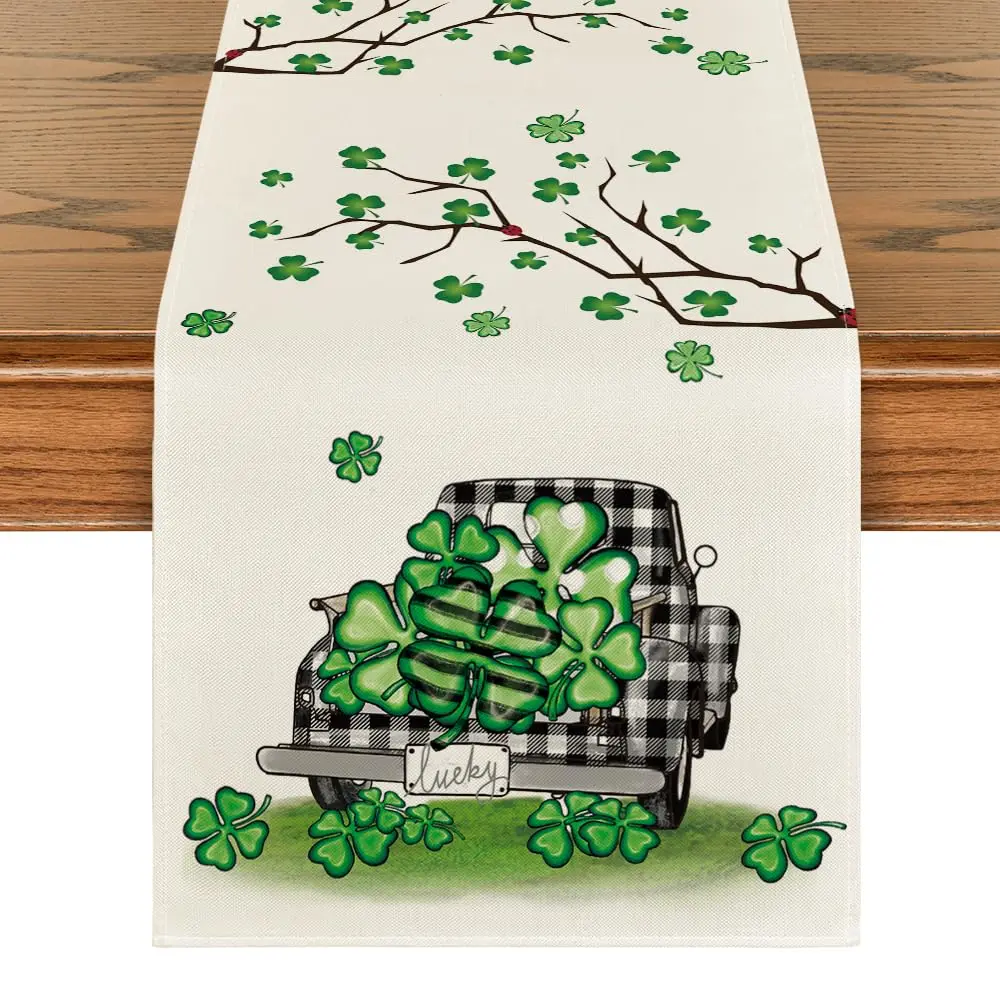 

Lucky Shamrock Truck Table Runner, Kitchen Dining Table for Home Party Decor, Spring Holiday, St. Patrick's Day, 13x72 Inch