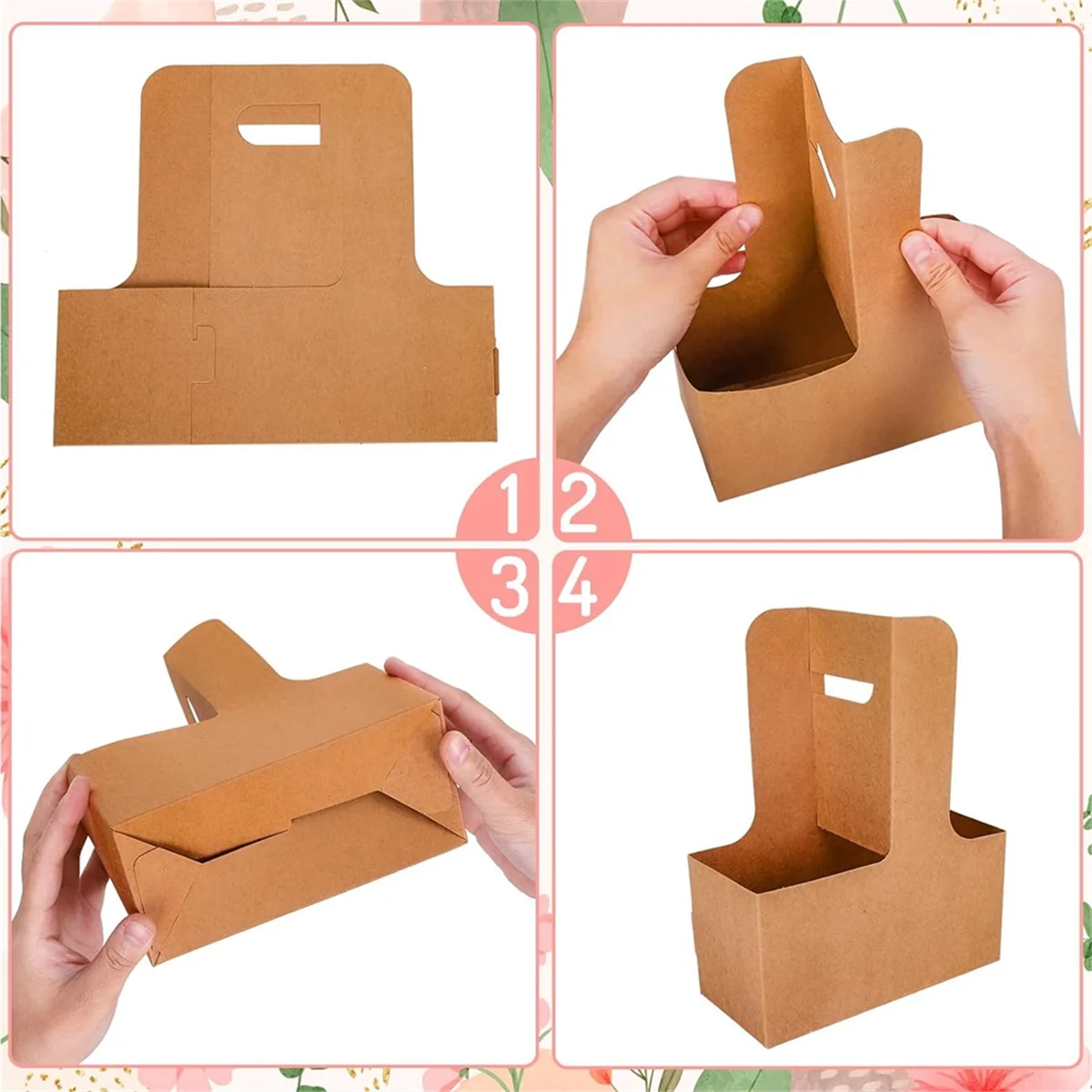 Kraft Flower Gift Bags 25Pcs Drink Carrier with Handle to 2 Cup Rectangle Floral Wrap Packing Box Kraft Flower Holder