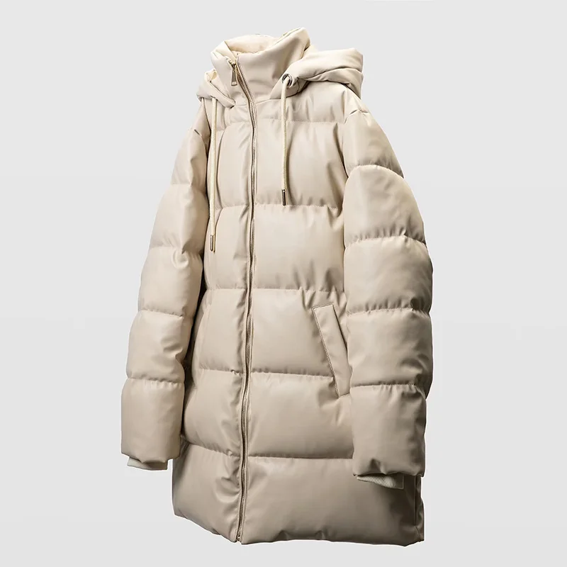 

Women Winter Vintage Faux Leather Loose Long Hooded Cotton Jackets Fashion Warm Thick PU Parkas Female New In Outerwears Coats