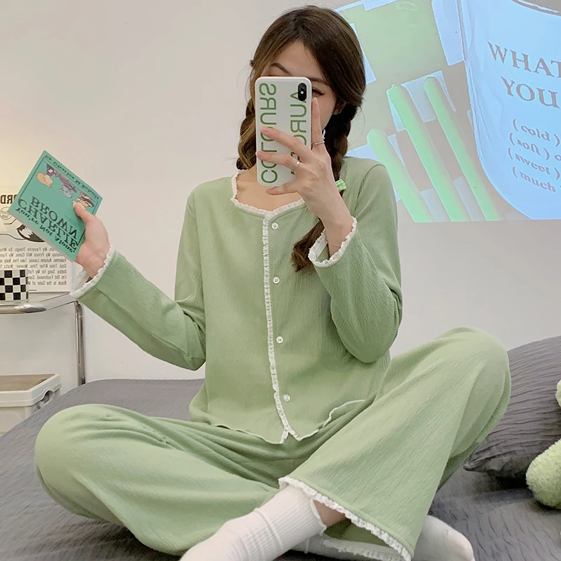

Combed cotton pajamas women's 2023 spring Korean style ins cardigan long sleeved 2-piece autumn round neck household clothes