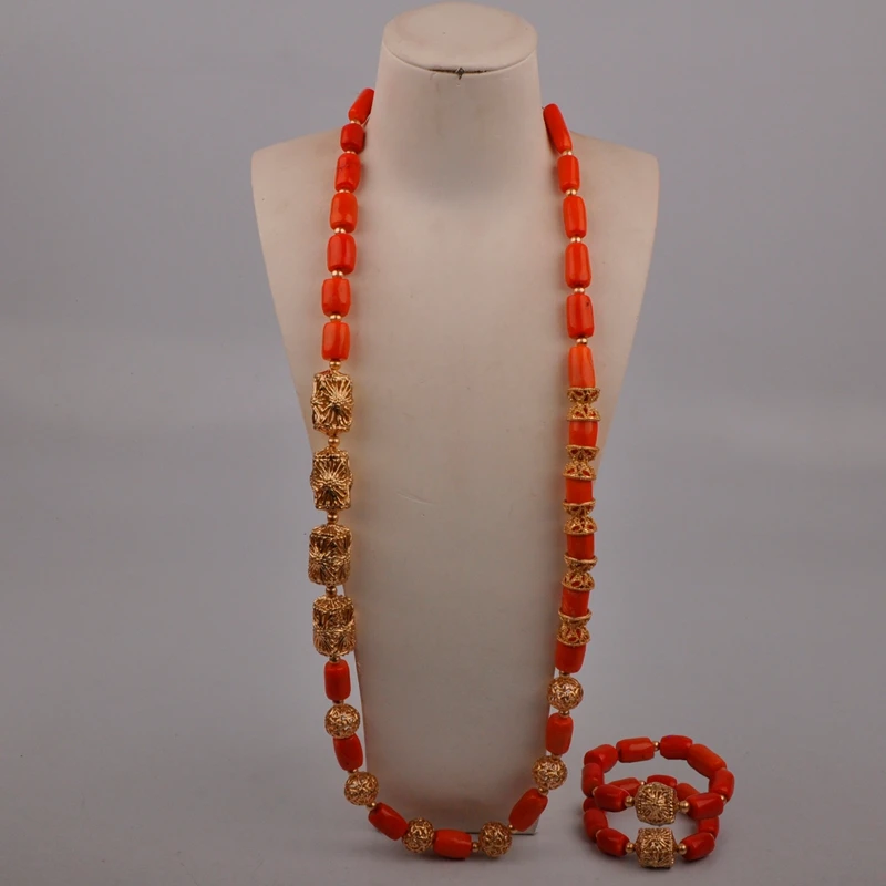

Orange Coral Bead 100cm Necklace 2 Bracelets Groom Jewelry Set African Wedding Coral Jewelry Set for Men 23-524GK