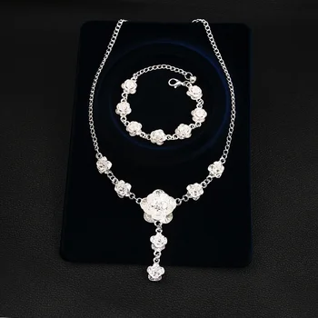 Fashion Ethnic Style Imitation Silver Rose Necklace Retro Flower Bracelet Two-piece Set Fashionable Flower Accessories