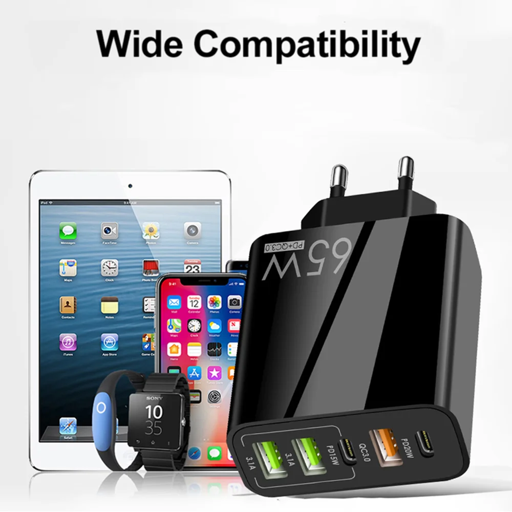 Caricatore USB C 65W Aroidful 5-Porte: 2 USB-C PD, 2 USB-A E QC3.0 - Ricarica Rapida Per IPhone, IPad, Tablet E Laptop