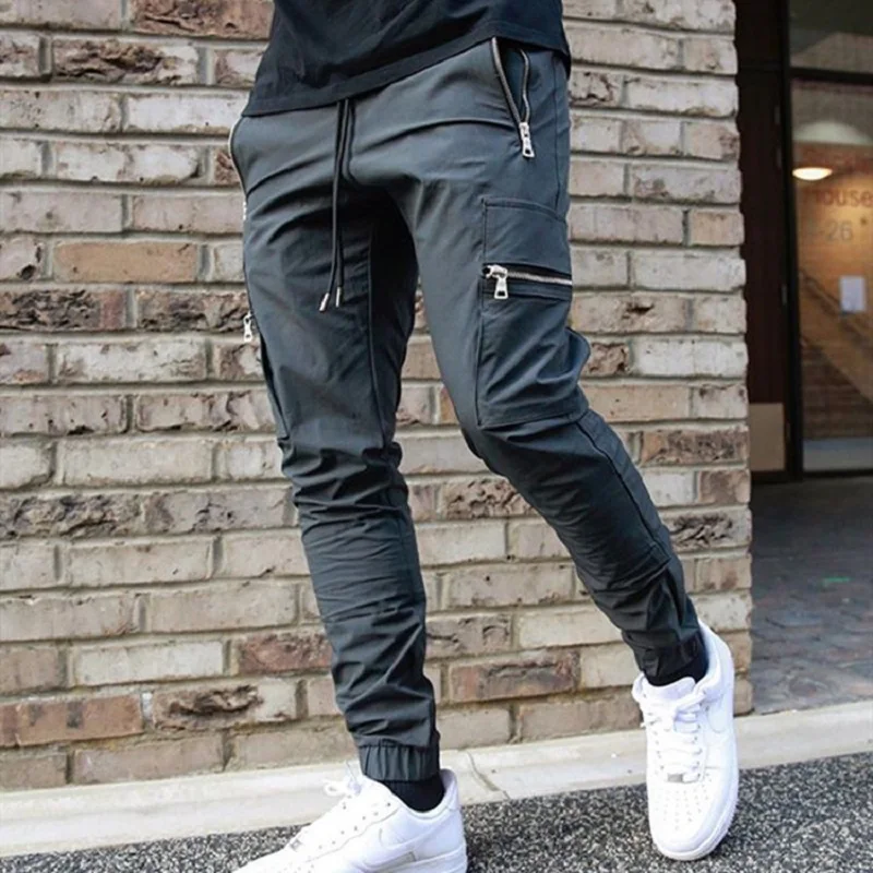 Europe And The United States Sports Leisure Zipper 2023 Multi-pocket Pants New Men's Fitness Running Training Pants 3