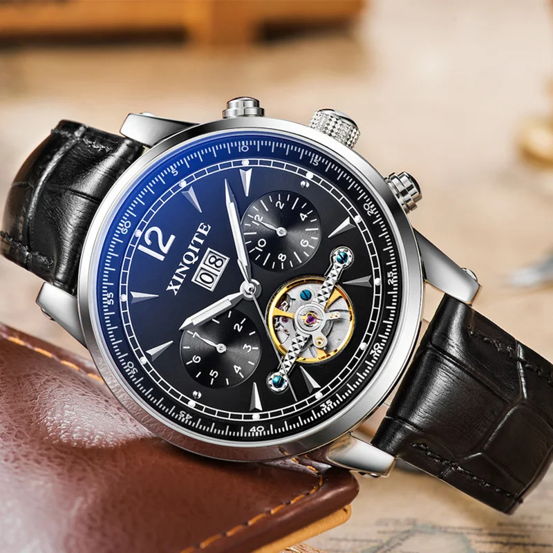 New Sale White/Black Dial Automatic Men's Wristwatch Tourbilion Function Black Leather Strap Boy Clock 30 Meter Waterproof