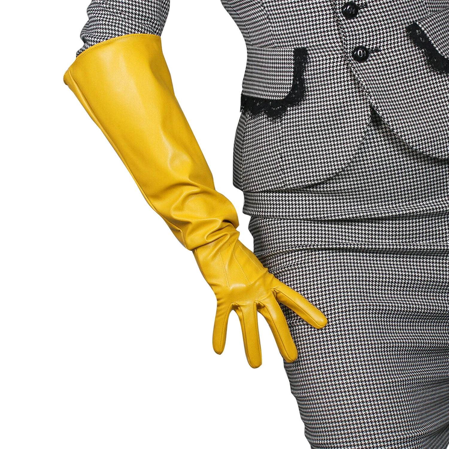 

DooWay Unisex Yellow Oversize Gloves Puff Wide Sleeves Faux Leather Cosplay Dressing Finger Elbow Long Opera Club Party Glove