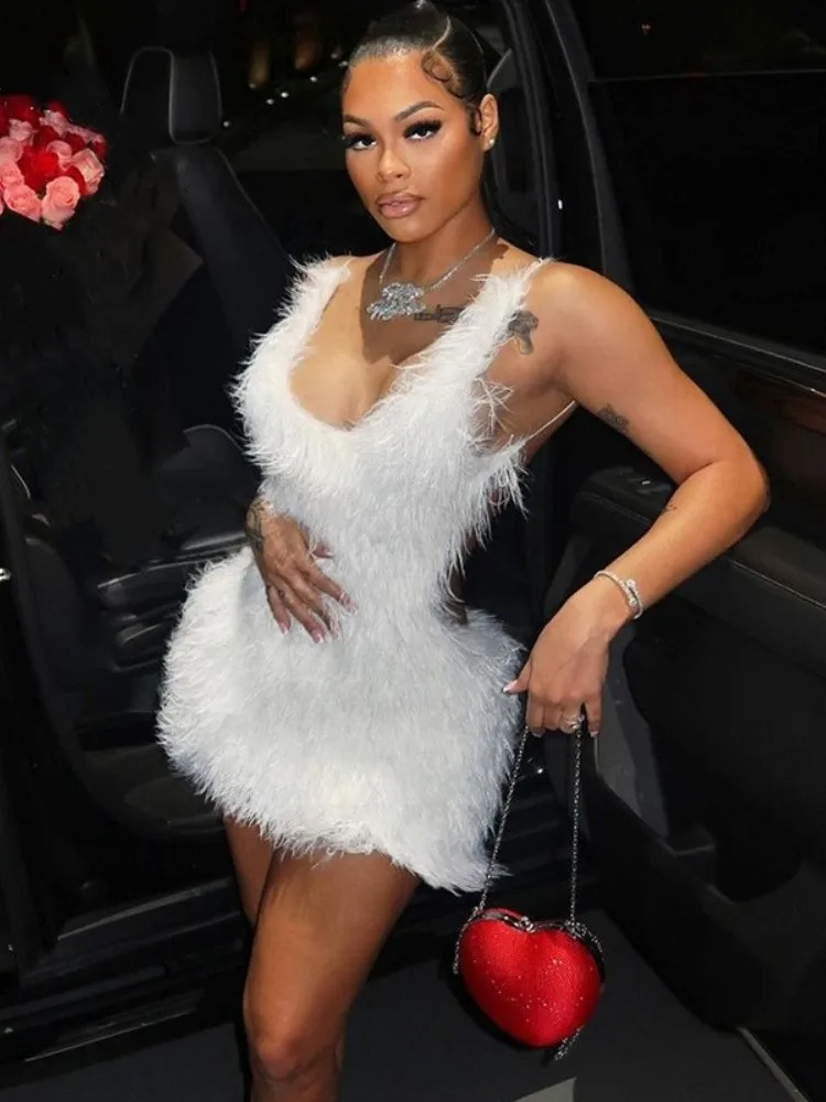 Joskaa Sexy Furry Mini White Dress Women Hipster Spaghetti Strap Low Cut Backless Body-Shaping Vestidos Birthday Party Clubwear