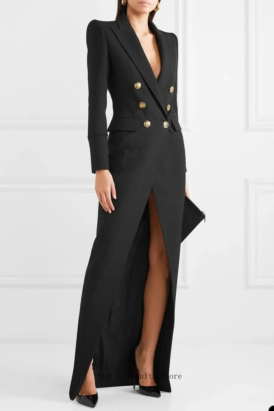 

1Piece Black Women Suits Long Blazer Skirt Double Breasted Formal Long Evening Prom Dress Sexy Split Windbreake Custom Size
