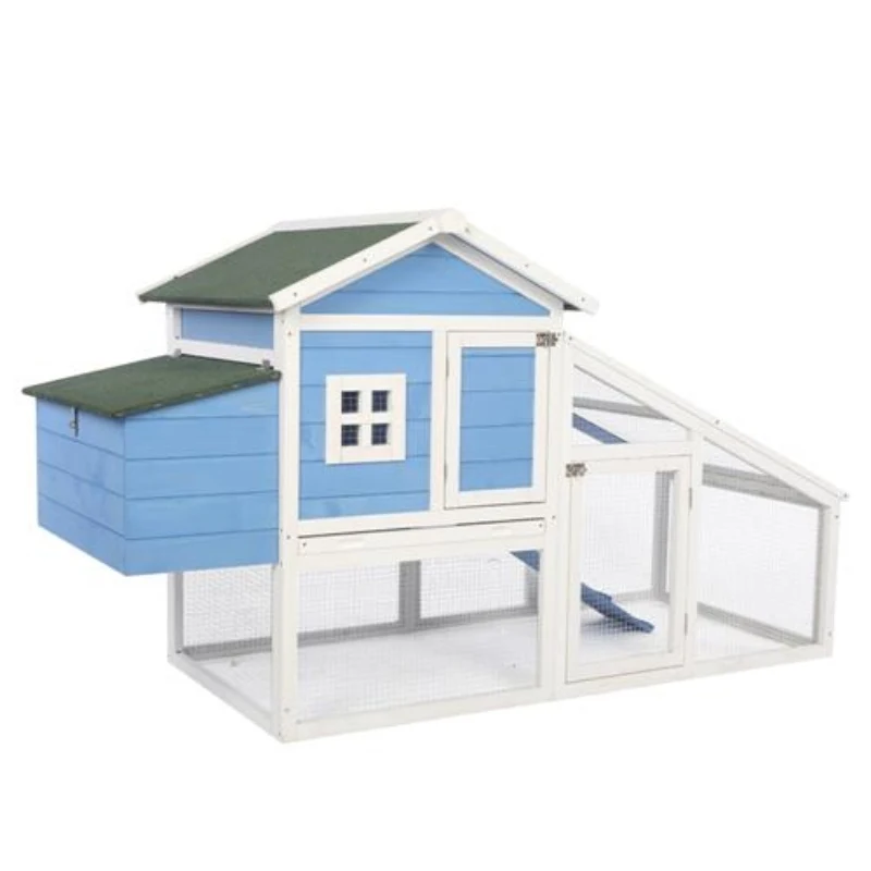 

69 Inch Fir Wood Chicken Hutch Hen Coop Habitat Pigeon House with Egg Case & Tray & Running Cage Blue[US-Stock]