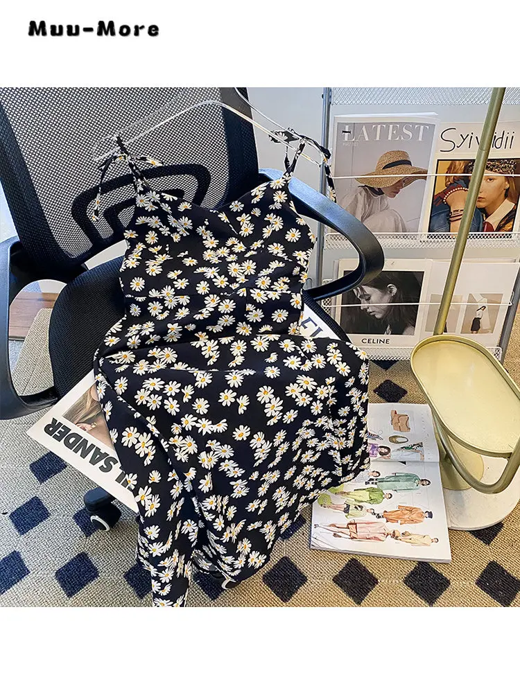 

Женское шифоновое платье на бретелях, элегантное винтажное платье с цветочным принтом, V-образным вырезом, открытой спиной и высокой талией, без рукавов, лето 2023