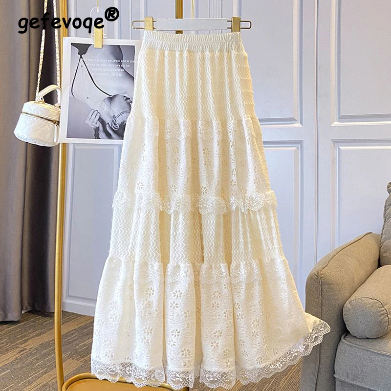 Spring Summer New High Waist Elegant Fashion Lace A-line Skirts Women Sweet Casual All-match Hollow Out Patchwork Skirt Female 10pcs vbll alligator spring screw in belt mb 94 for walkie ic f34 ic f44 ic f70 ic f3032 ic f3160 ic f3262 ic 3263 radio
