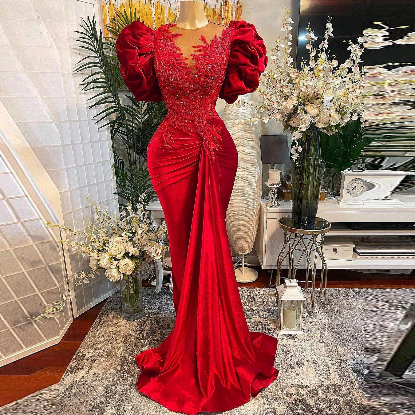 

Aso Ebi Red Velour Beading Evening Dress With Puff Sleeves Africa Bridal Appliques Mermaid Prom Gowns Plus Size Formal Party Gow