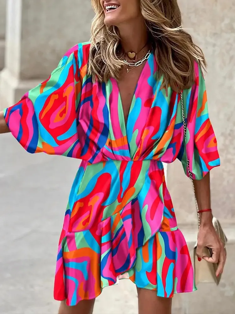 

Fashion Women Boho Print Dress Summer Elegnat V Neck Casual Mini Dresses Female New 2024 Beach Party Dress Robe Femme