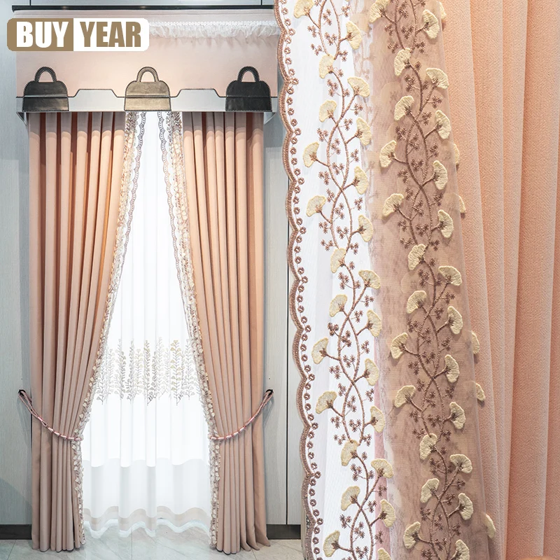 

New Light Luxury Pink Girl Princess Style Embroidered Lace Stitching Curtains for Living Room Bedroom Balcony Finished Product