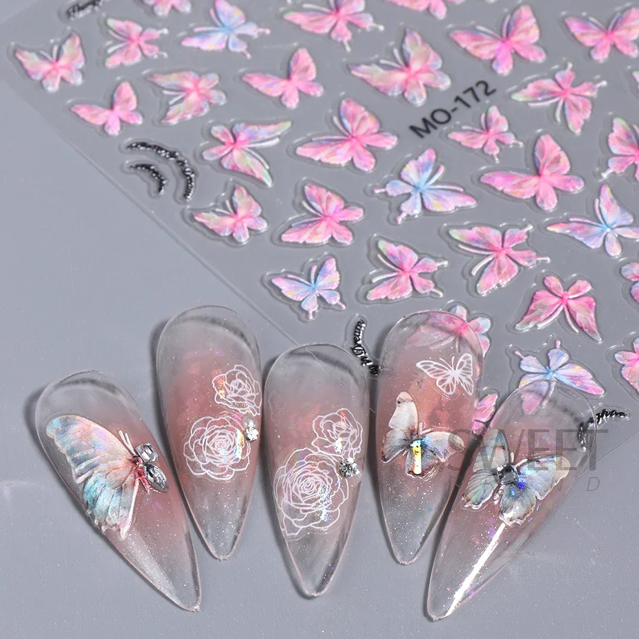 Acrylic Engraved Butterfly Nail Manicure Sticker Holographic Crystal Fairy Rose Flowers Adhesive Decals Charm Spring Foils Wraps