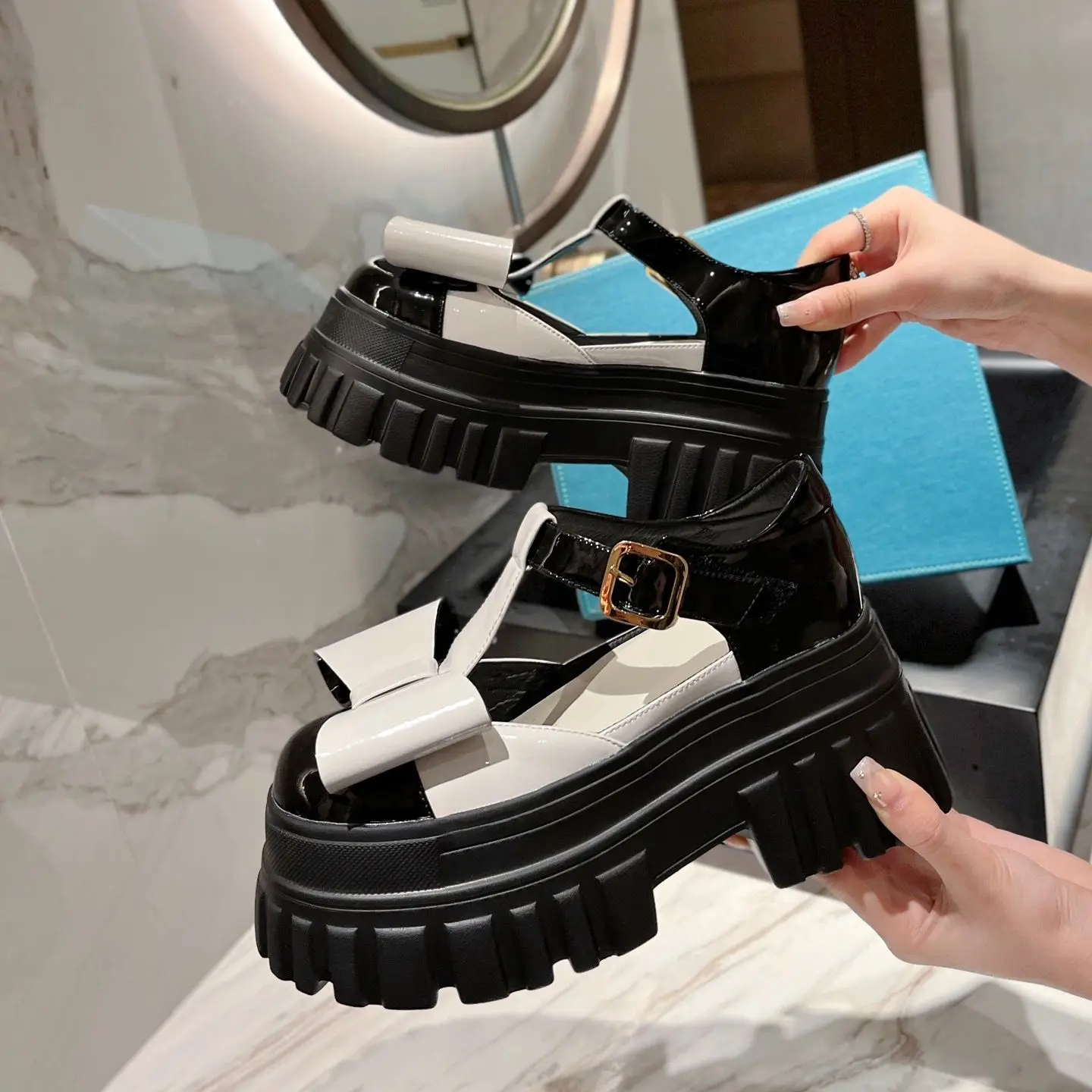 

Women Real Leather Shoes Vintage 2023 Fashion High Heels Platform Sandals Flower Summer Slides Thick Soled Girls Japanese Style