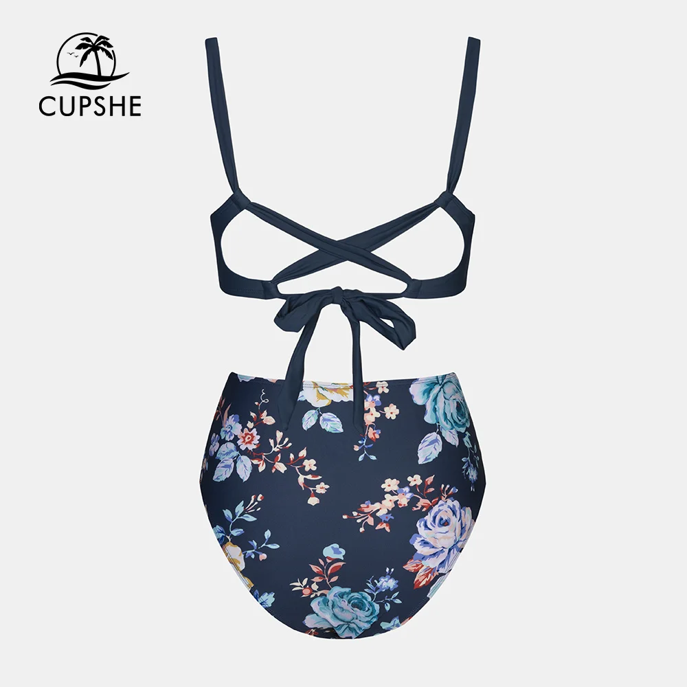 Women Swimsuit Women Two Piece Sets Cupshe Cut Out Back Tie High Waist Bikini Sets Swimsuit Women Blue Floral Sexy Two Pieces Beachwear Bathing Suit Swimwear