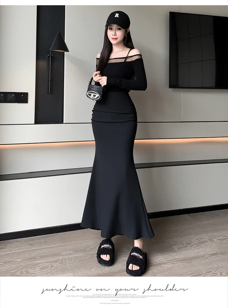 Elegant Fishtail Long Black Skirts Women 2026 High Waist Streetwear Y2k Clothes Korean Style Slim Office Lady Harajuku Mid Skirt