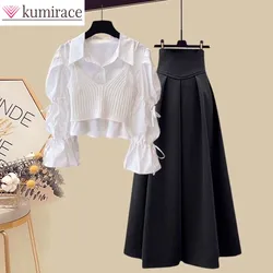 Autumn New Ruffle Sleeves Pleated Chiffon Shirt Knitted Strap Half Dress Three Piece Elegant Women's Party Dress Outfits
