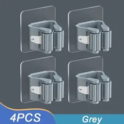 4-Pack No-Drill Wall-Mount Mop and Broom Holder with Strong Adhesive Hooks (4Pcs Grey)