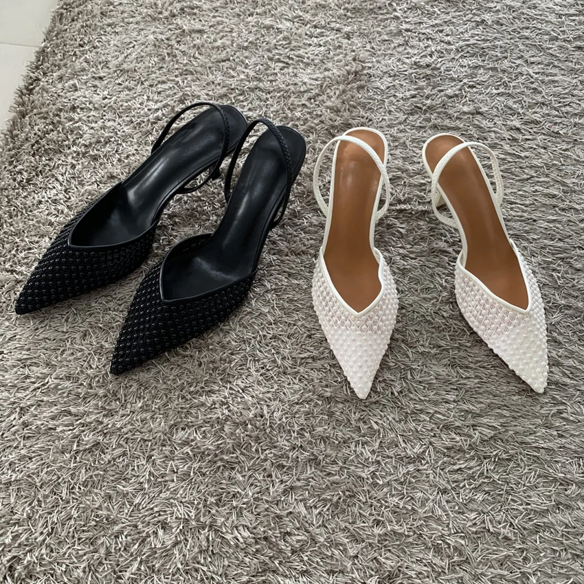 Mesh Marken-Sandalen Damen Pumps Spitze Elegante Slingback High Heels Damen Perlenbesetzte Designer Party Hochzeit Kleid Schuhe – Detail 2