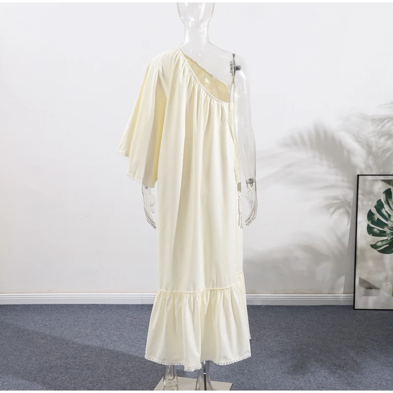Mode Drapierte Lange Kleid Für Frauen One-schulter Flare Hülse Unregelmäßige Asymmetrische Robe Sommer Elegante Weibliche Party Kleider – Detail 6