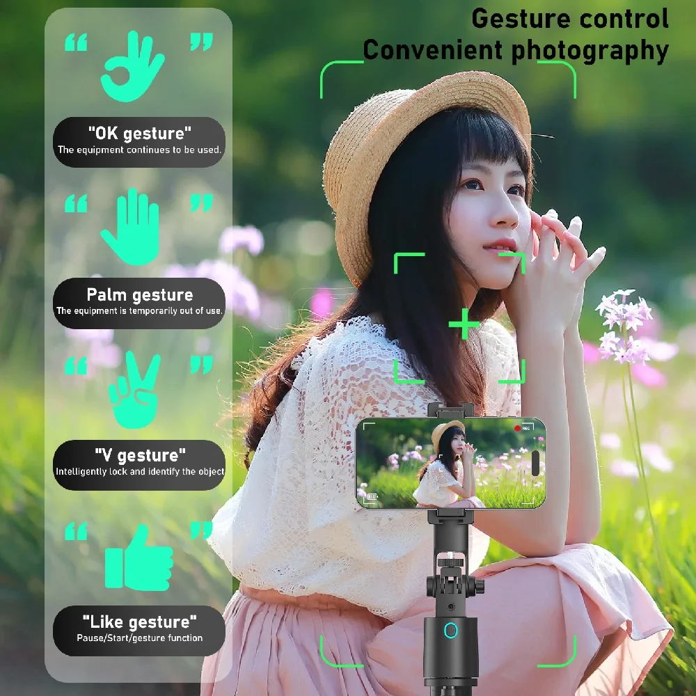 1.8M AI 스마트 셀카봉 삼각대, 자동 얼굴 추적, 제스처 컨트롤, 블루투스 리모컨, 조명, 휴대용 폰 스태빌라이저