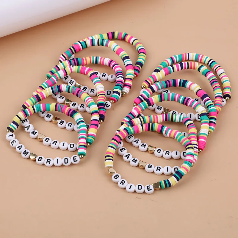 12pcs Multicolor Team Bride Elastic Bracelets Set Bachelorette Party Favors Supplies Bridal Shower Gift Boho Wedding Decorations