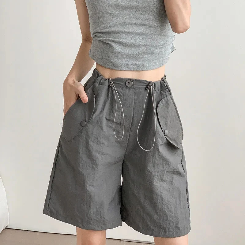 

Y2K Drawstring Cargo Shorts Women High Waist Streetwear Loose Wide Leg Shorts Summer Baggy Korean Casual Jogging Sports Shorts